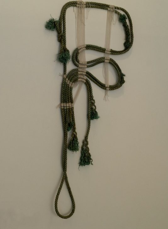 Macramé wall based sculpture by artist Lucy Wayman; Green rope with white thread
