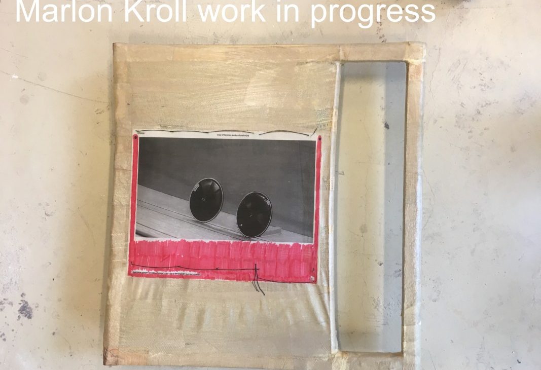 A work in progress with photographic element, pen and stitching by artist Marlon Kroll