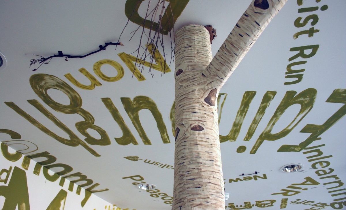 Close up of paper mache silver birch tree trunk and branch connecting to ceiling, surrounded by branches and alternate sizes of text painted in green on the white walls and ceiling, excerpts include: Edinburgh, artist run, non, Unlearning, AiR, Initiatives, craft