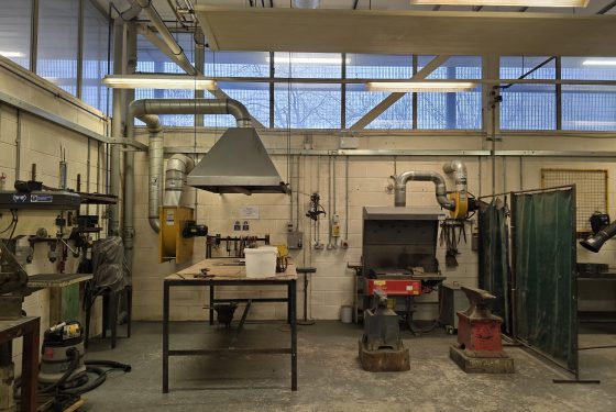 Metal workshop, pillar drill, work bench, anvil, chip forge