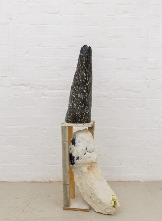Sculptural elements on floor against white painted brick wall. Painted foam object leans into an open wooden plinth with a tall black with white speckled sculpture sitting on top