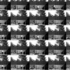 Black and white video still of a performance where the artist falls to the ground several times, with repeated mosaics displaying the falls sequenced differently