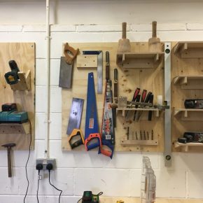 Detail of wall storage for tools in the Wood Workshop.