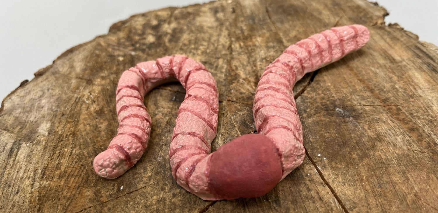 A sculpture of a pink earthworm moving across the top of a log.
