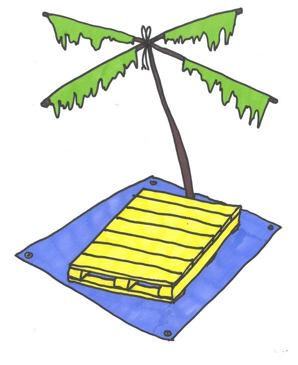 Drawing of a cartoon palm tree above a blue tarp and yellow drawing of a pallet raft which looks like an island in the sea.