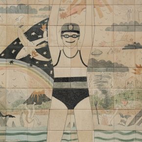 A tiled mural by EtchingRoom1 which shows a swimmer or diver against a backdrop of volcanoes, crashes, and shark attacks.