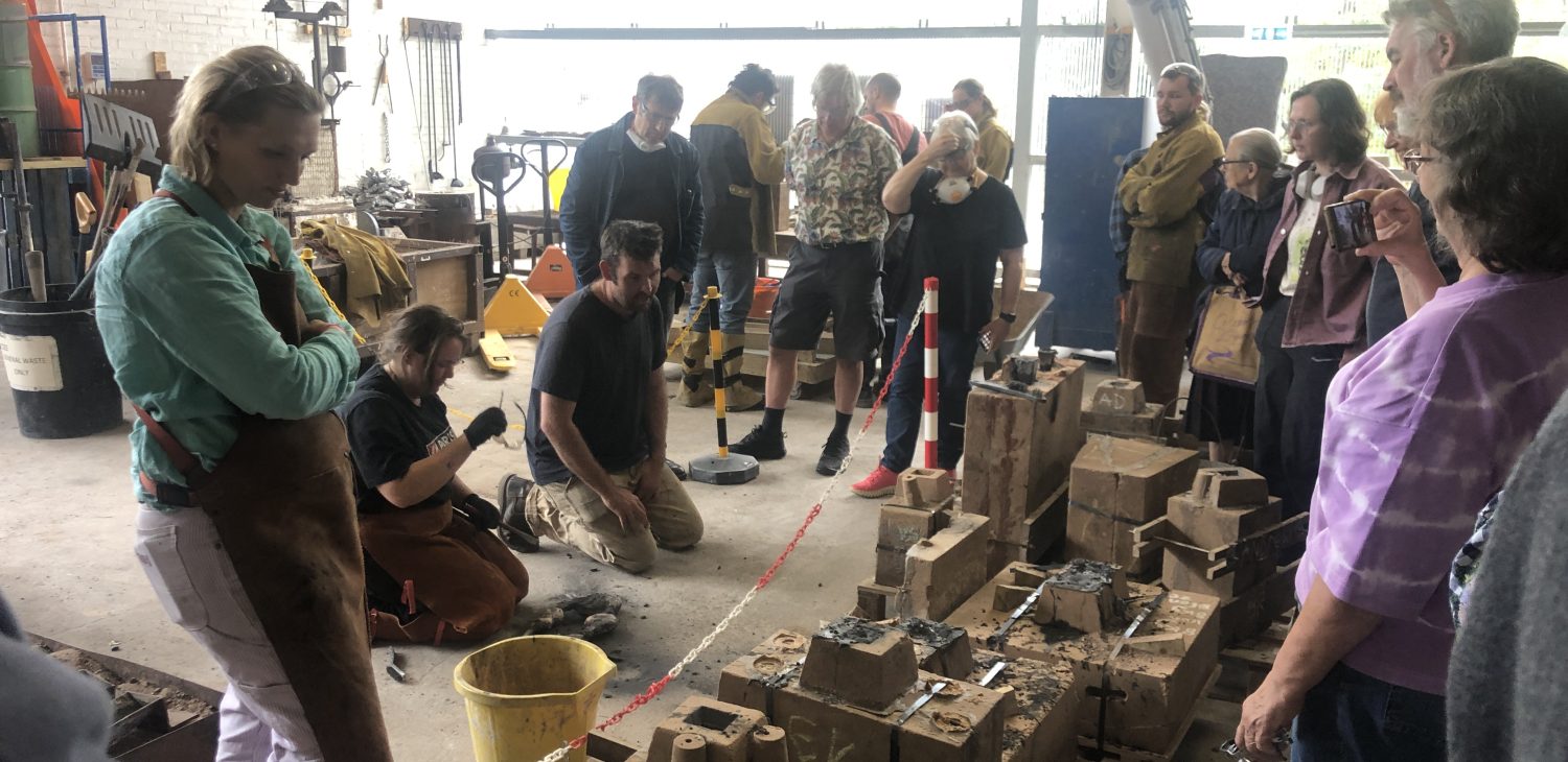 De-moulding day, with collaborators explaining outcomes to audience, Alternative Foundry Practices.