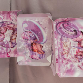 Pink and white artwork in three panels by Kialy Tihngang, 2025. Scotland's Workshops Award.