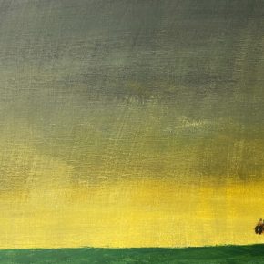 Landscape painting with majority of the image a glowing yellow sky. Image for the Palliative Care and Arts symposium 2025.