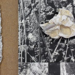 Split image with monochrome photograph, a cast metal Marram Grass, fragment of concrete and sand surface, work by David Lemm In connection to Hawthornvale exhibition in 2026.