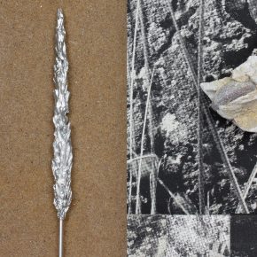 Split image with monochrome photograph, a cast metal Marram Grass, fragment of concrete and sand surface, work by David Lemm In connection to Hawthornvale exhibition in 2026.