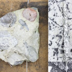 Concrete piece with pebbles and print, part of David Lemm's Hawthornvale exhibition work.